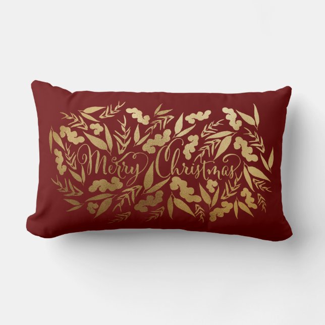 Chic Merry Christmas Gold Burgundy Eucalyptus Lumbar Cushion (Front)