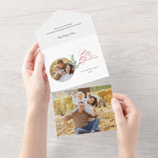 Chic Merry Christmas Gold Swirl Floral Photo All In One Invitation (Tearaway)