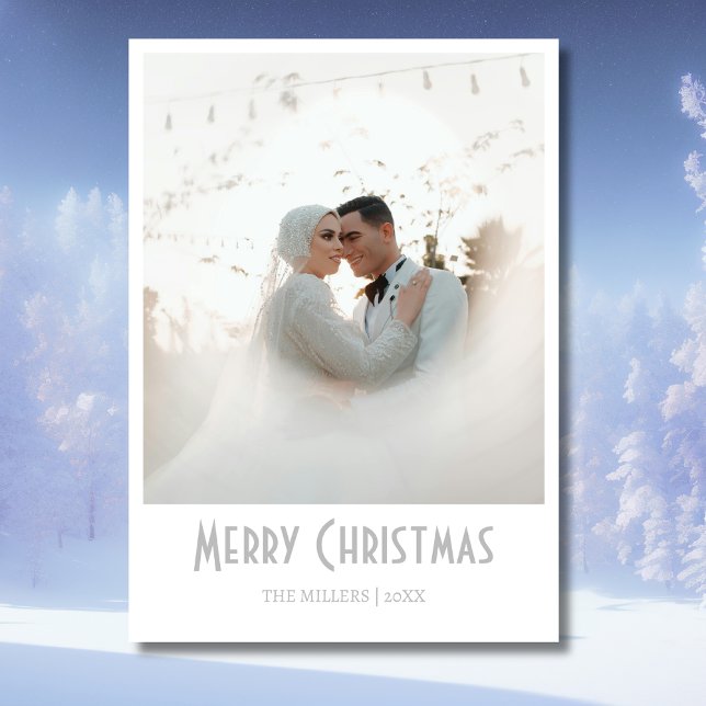 Chic Merry Christmas Newlywed Photo Light Grey Holiday Card (Creator Uploaded)