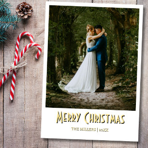 Chic Merry Christmas Newlywed Photo Soft Gold Holiday Card