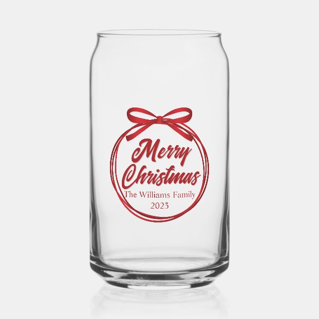 Chic Merry Christmas Red Ribbon Bow Custom Can Glass (Front)