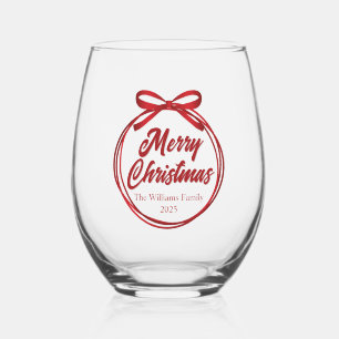 Chic Merry Christmas Red Ribbon Bow Custom Stemless Wine Glass