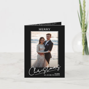 Chic Merry Christmas Script on Black Folded Holiday Card