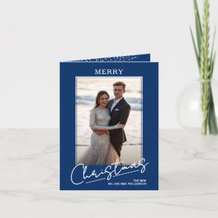 Chic Merry Christmas Script on Blue Folded Holiday Card