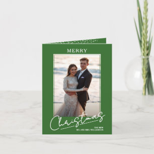 Chic Merry Christmas Script on Green Folded Holiday Card