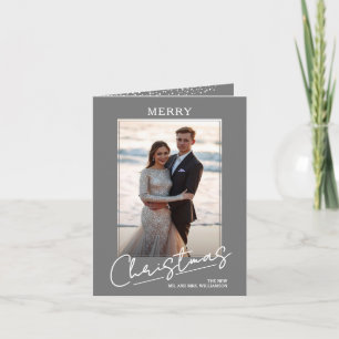 Chic Merry Christmas Script on Grey Folded Holiday Card