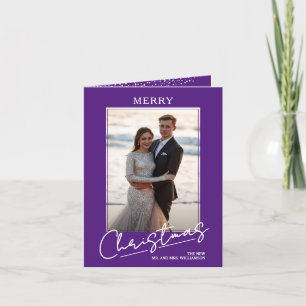 Chic Merry Christmas Script on Purple Folded Holiday Card