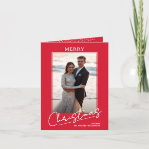 Chic Merry Christmas Script on Red Folded Holiday Card