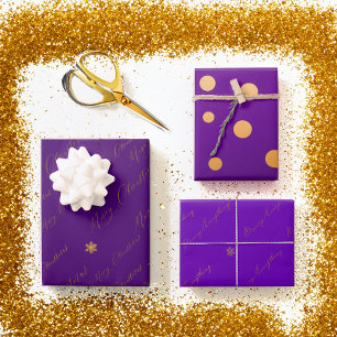 Chic Merry Christmas Script Purple and Gold  Wrapping Paper Sheet