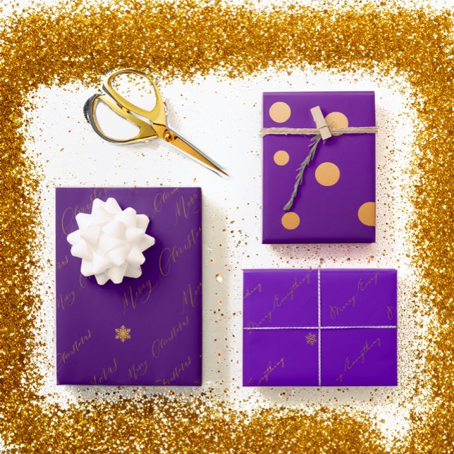 Chic Merry Christmas Script Purple and Gold  Wrapping Paper Sheet (Elegant Purple and Gold Wrapping Paper set)