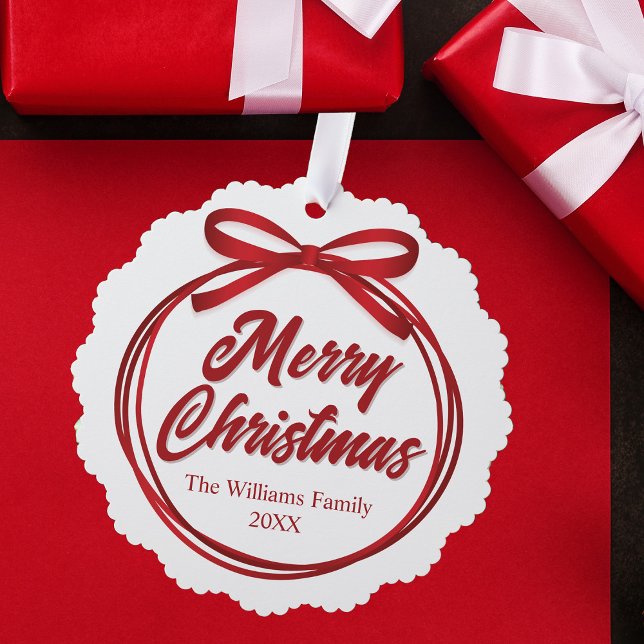 Chic Merry Christmas Script Red Ribbon Bow Custom Tree Decoration Card (Creator Uploaded)