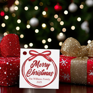 Chic Merry Christmas Script Red Ribbon Bow Party Favour Tags