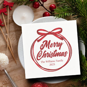 Chic Merry Christmas Script Red Ribbon Bow Party Napkin