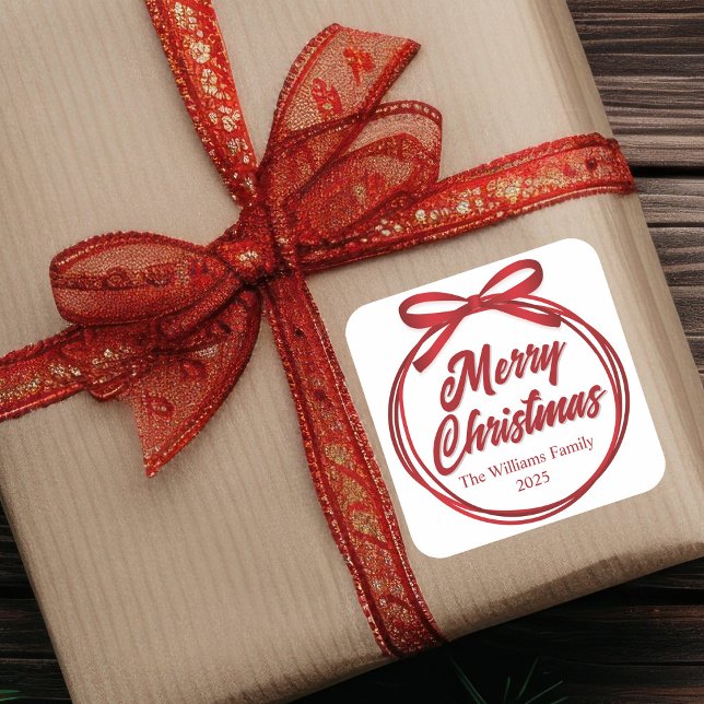 Chic Merry Christmas Script Red Ribbon Bow Square Sticker (Creator Uploaded)