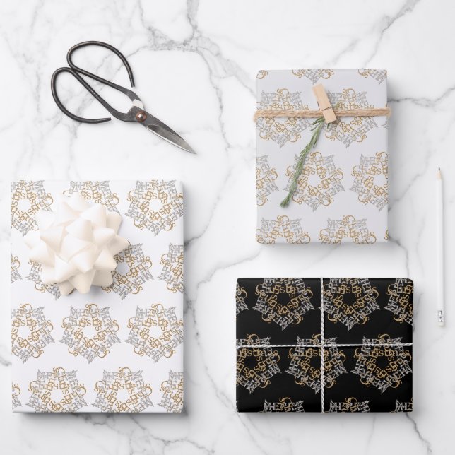 Chic Merry Christmas Star Art, Pattern Gold Silver Wrapping Paper Sheet (Front)