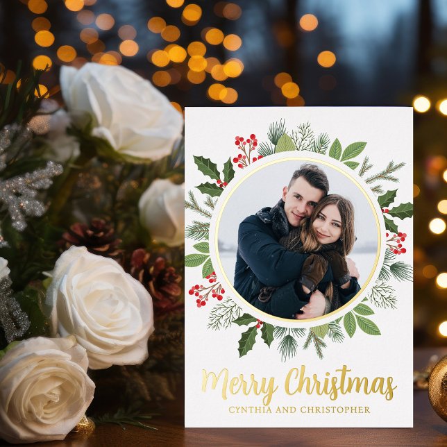 Chic Merry Christmas Wreath Photo Gold Foil Holiday Card (Creator Uploaded)