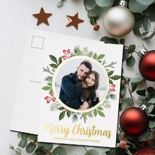 Chic Merry Christmas Wreath Photo Gold Foil Holiday Postcard