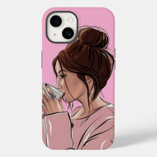 Chic Messy Bun Girl Drinking Coffee Pastel Pink Case-Mate iPhone 14 Case