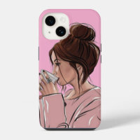 Chic Messy Bun Girl Drinking Coffee Pastel Pink