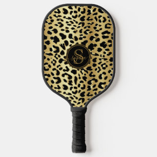 Chic Metallic Gold & Black Leopard Print Girls Pickleball Paddle
