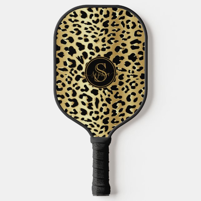 Chic Metallic Gold & Black Leopard Print Girls Pickleball Paddle (Front)