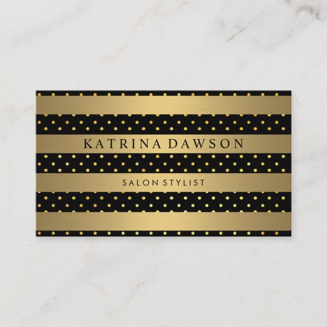 Chic Metallic Gold Stripes with Polka Dots Business Card (Front)