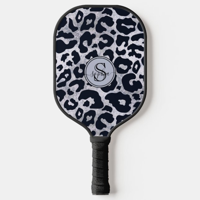 Chic Metallic Silver Grey Black Leopard Print Pickleball Paddle (Front)