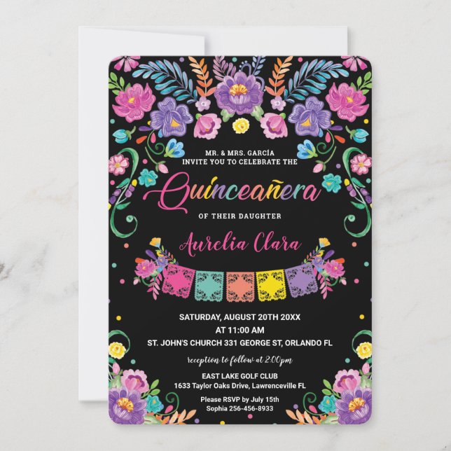 Chic Mexican Floral Quinceañera 15 Anos Birthday Invitation (Front)