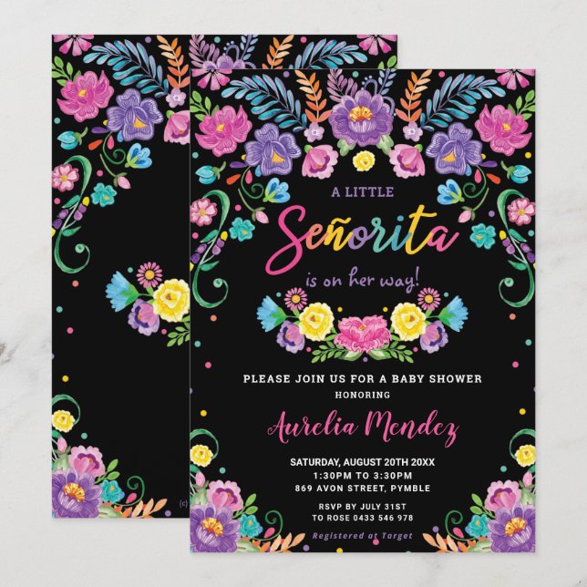 Chic Mexican Floral Señorita Baby Shower Girl  Invitation (Front/Back)