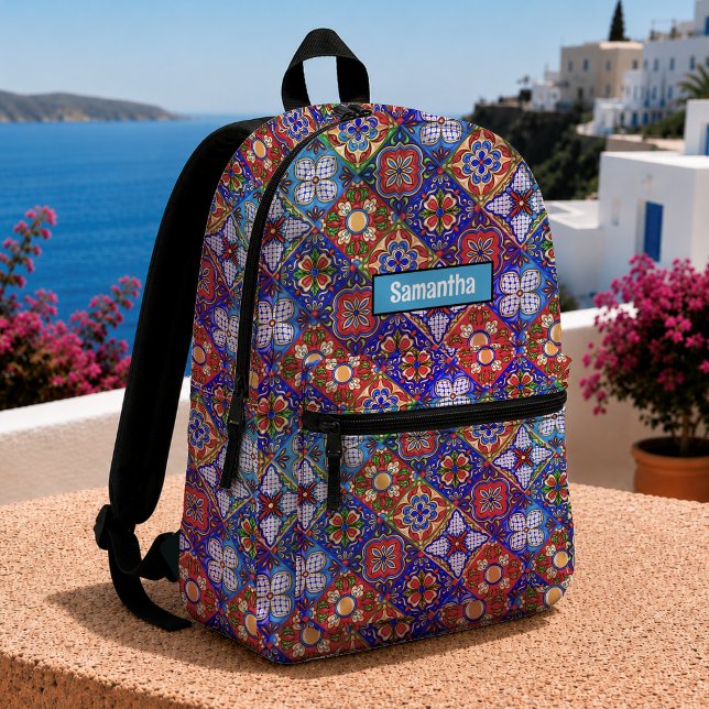 Chic Mexican Talavera Blue Purple Monogram Tiles Printed Backpack (Creator Uploaded)