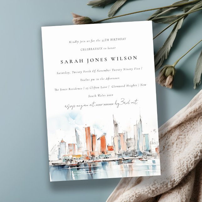 Chic Miami Florida Skyline Watercolor Birthday Invitation (Creator Uploaded)