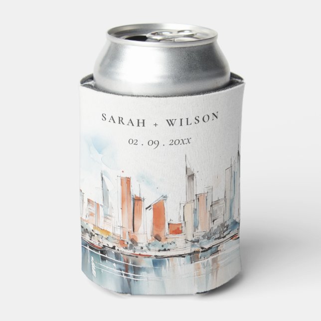 Chic Miami Florida Skyline Watercolor Wedding Can Cooler (Can Front)