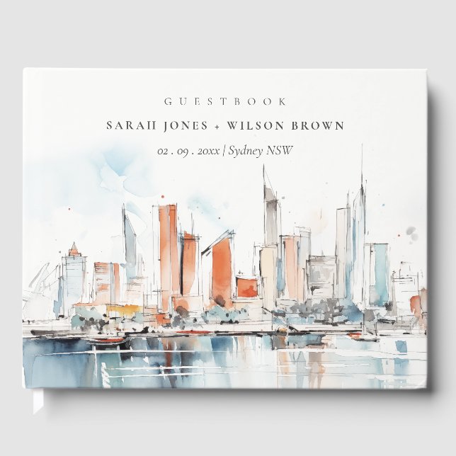 Chic Miami Florida Skyline Watercolor Wedding Guest Book (Front)