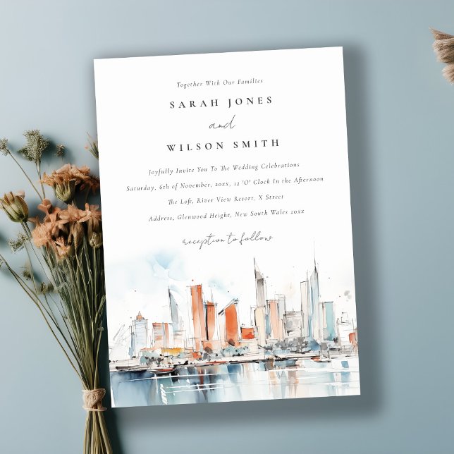 Chic Miami Florida Skyline Watercolor Wedding Invitation (Creator Uploaded)