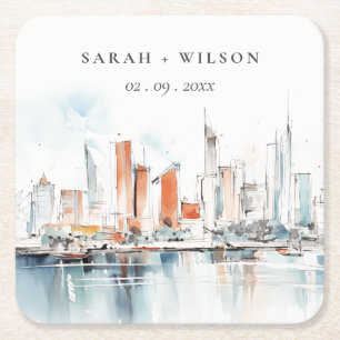 Chic Miami Florida Skyline Watercolor Wedding Square Paper Coaster