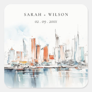 Chic Miami Florida Skyline Watercolor Wedding Square Sticker