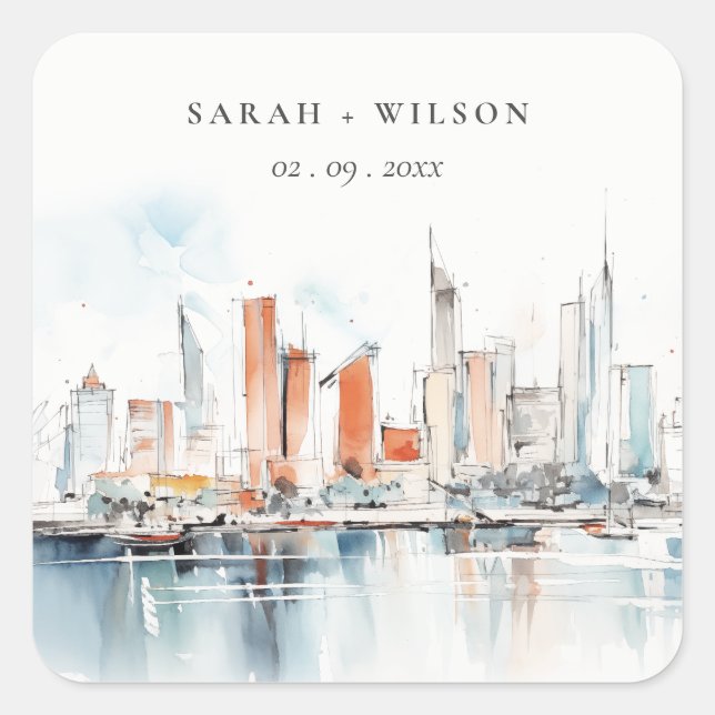 Chic Miami Florida Skyline Watercolor Wedding Square Sticker (Front)