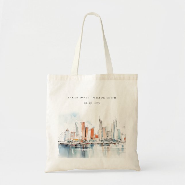 Chic Miami Florida Skyline Watercolor Wedding Tote Bag (Front)