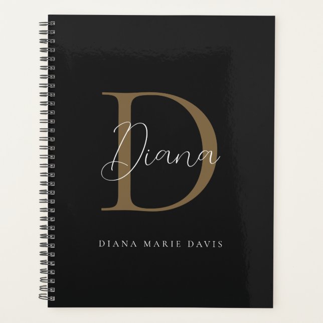 Chic Midnight Black Mossy Gold Script Monogram  Planner (Front)