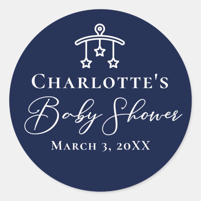 Chic Midnight Blue Baby Shower Personalised Classic Round Sticker (Front)