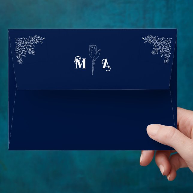 Chic Midnight Blue Floral Initials Wedding Envelope (Hand)