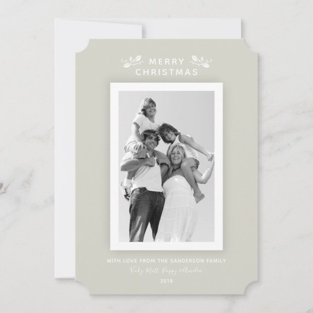Chic Minimal Beige White Frame Christmas Photocard Holiday Card (Front)