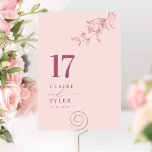 Chic Minimal Botanical Pink, Burgundy Wedding  Table Number<br><div class="desc">Guide your guests to their table with this elegant pink dusty rose wedding table number card. Stylish and simple design with names to the side along with the "and" in modern handwritten calligraphy. Delicate hand-drawn botanical greenery corner detail in pink and burgundy hues. Please place an individual order for "each"...</div>