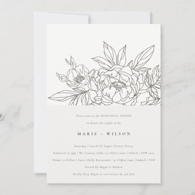 Chic Minimal Brown Floral Sketch Rehearsal Dinner Invitation (Front)