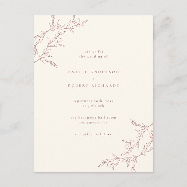 Chic Minimal Cream & Muted Red Foliage Wedding Invitation Postcard (Front)