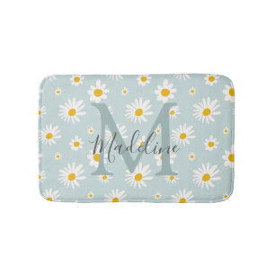 Chic Minimal Daisy Teal Script Monogram Bath Mat