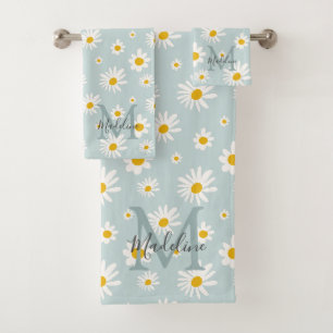 Chic Minimal Daisy Teal Script Monogram Bath Towel Set