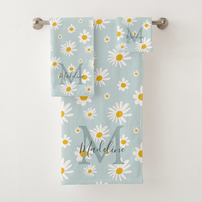 Chic Minimal Daisy Teal Script Monogram Bath Towel Set (Insitu)