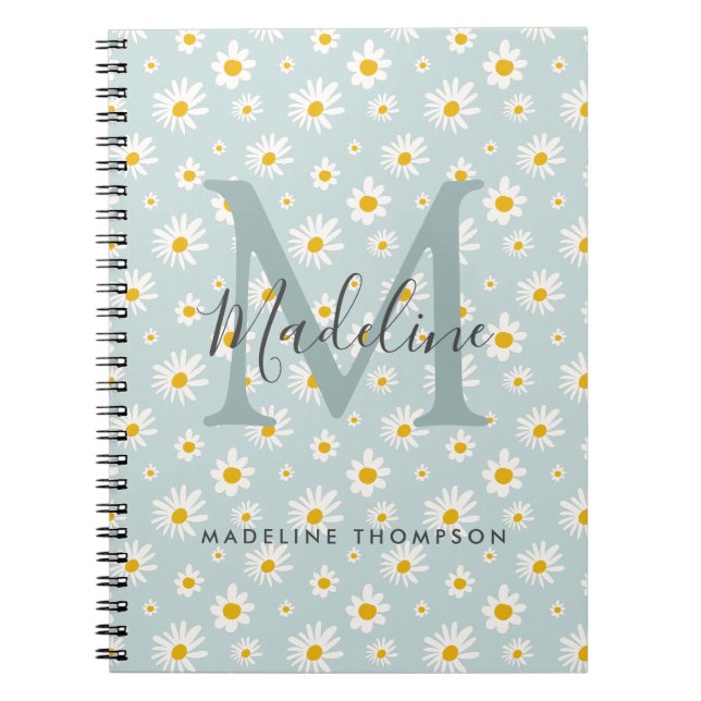 Chic Minimal Daisy Teal Script Monogram Notebook (Front)