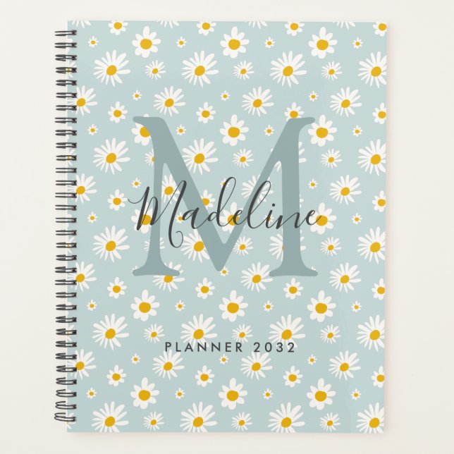 Chic Minimal Daisy Teal Script Monogram Planner (Front)